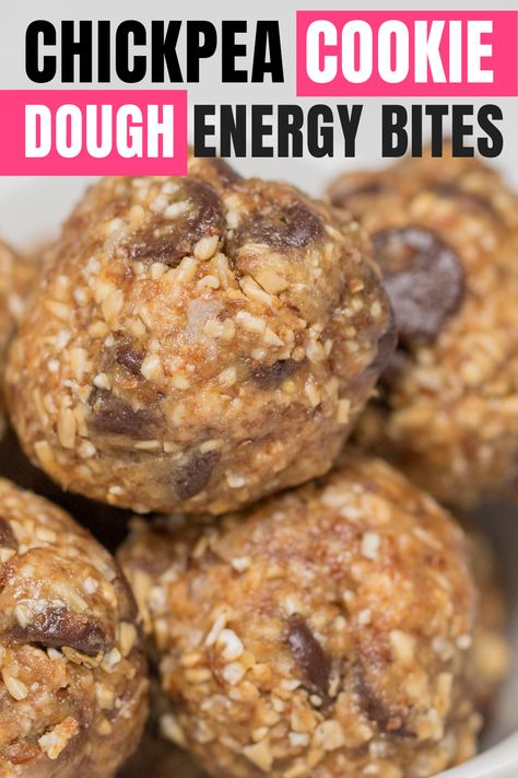 Chickpea Chocolate Chip Cookie Dough, Cookie Dough Energy Bites, Chickpea Cookie Dough Balls, Chickpea Energy Balls, Chickpea Protein Balls, Chickpea Chocolate Chip Cookie, Chickpea Desserts, Event Snacks, Chickpea Cookie Dough Bites