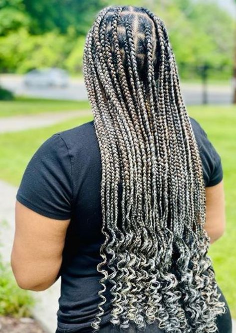 Grey Knotless With Curly Ends Knotless With Curly Ends, Knotless Braids With Color, Braids With Color, Ombre Braid, Colored Braids, Jumbo Braids, Knotless Braids, Goddess Braids, Hair Game