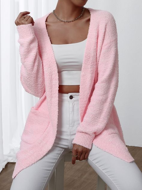 Rosa Bebê Casual Collar Manga Comprida Tecido Simples Cardigan sem botão Embellished Elasticidade Média  Malhas femininas Drop Shoulder Cardigan, Solid Color Sweater, Cardigan Casual, Gilet Long, Rose Pastel, Pink Vibes, Pink Cardigan, Cropped Cardigan, Dressy Casual