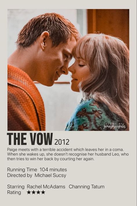 The Vow Movie Poster, Channing Tatum Movies, The Vow Movie, Rachel Mcadams Movies, Best Movies List, Romcom Movies, Tom Cruise Movies, Movies To Watch Teenagers, The Vow