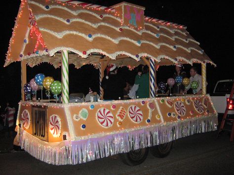 Our Christmas Parade Float - the Gingerbread House. Giant Gingerbread House. Large Candy. Diy Christmas Float Ideas, Holiday Parade Floats, Parade Float Diy, Parade Float Theme, Giant Gingerbread House, Christmas Floats, Parade Float Ideas, Parade Float Decorations, Christmas Parade Floats