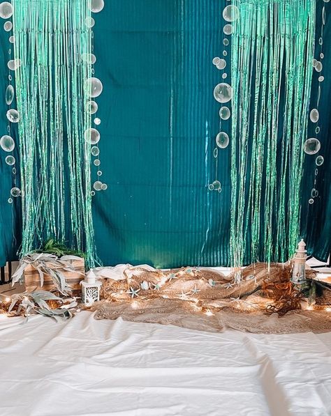 Under The Sea Prom Photo Booth, Mermaid Net Decor, Backdrop Sea Theme, Mermaid Party Photo Backdrop, Beach Theme Party Backdrop, Mermaid Lagoon Decorations, Catalina Photoshoot, Ocean Prom Theme, Under The Sea Photo Backdrop