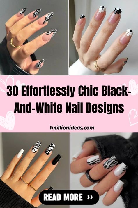 30 Effortlessly Chic Black-And-White Nail Designs White And Black Nails Almond, Black And White Line Nail Designs, Black And White Biab Nails, Black Nails White Design, Black And White Summer Nails, Matte Black And White Nails, Trendy Nails Black And White, Black And White Nail Designs Elegant, Black And White Nails Almond