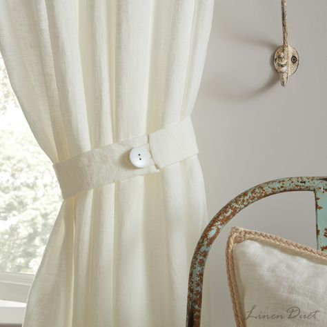 Introducing our beautiful Linen tie backs for curtains. These back ties with buttons will be an elegant and casual addition to any curtains in your living room, bedroom or kitchen. They are designed to blend seamlessly with our entire line of linen curtains.  The length of the tie back is about 22 inches. Price is for one curtain tie back with a button, which are available in two colors - white and natural brown. Materials:  - 100% Natural European linen. This linen was produced according to uni Tie Backs For Curtains, Curtains Holder, Curtain Pull Backs, Curtain Tie Backs Diy, Leaf Curtains, Curtain Rod Holders, Curtain Holder, Double Rod Curtains, Double Curtains