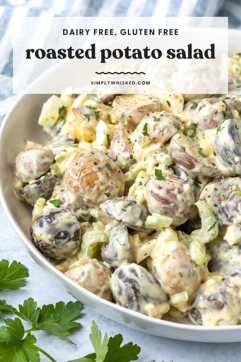 Forget old-fashioned potato salad. This homemade, roasted potato salad is an exciting twist on a classic summertime favorite. This easy recipe is loaded with crunchy celery, hard-boiled eggs, sweet onion, and herbs and tossed in a creamy, mayo-based dressing full of flavor. Potato Salad With Eggs, Simply Whisked, Salad With Eggs, Old Fashioned Potato Salad, Roasted Potato Salad, Best Potato Salad Recipe, Homemade Potato Salads, Roasted Potato Salads, Easy Macaroni Salad