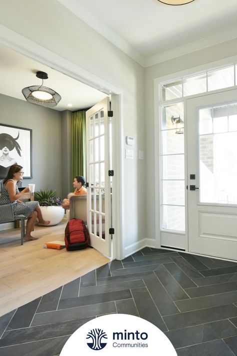 Entry Tile Floor Entryway Herringbone, Tile Entryway Transition To Wood Modern, Black Slate Entryway Floor, Black Entryway Tile, Engineered Tile Flooring, Tile In Foyer Entrance, Tile To Hardwood Transition Entryway, Tile In Entryway, Mismatched Flooring Ideas