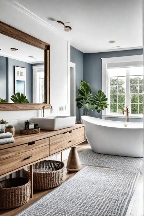 A coastal bathroom with bright white walls a natural wood vanity and Blue And Natural Wood Bathroom, Coastal Aesthetic Bathroom, Nature Inspired Bathroom Ideas, White And Natural Wood Bathroom, White Bathroom With Wood Accents, Blue And Wood Bathroom, Bathroom Tan, Natural Wood Vanity, White Tile Paint