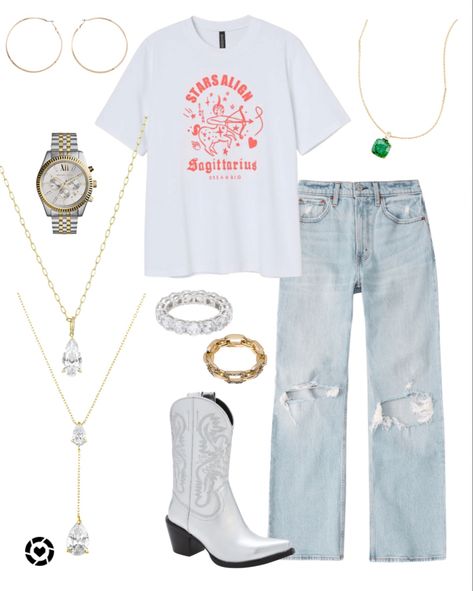 Jeans And Cowgirl Boots Outfit, Silver Cowgirl Boots Outfit, Graphic T Outfit, Silver Cowboy Boots Outfit, Silver Boots Outfit, Silver Cowboy Boots, Graphic Tshirt Outfit, 2023 Wardrobe, Jewelry Affordable