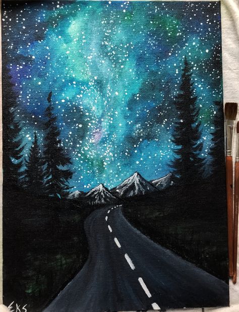 Mountain road, acrylic painting Acrylic Road Painting, Road At Night Painting, Mountain Road Painting, Road Painting Easy, Night Road Painting, Road Painting Ideas, Night Mountain Painting, Road Acrylic Painting, Road Oil Painting