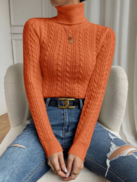 Orange Casual Collar Long Sleeve Fabric Plain Basic Tops Embellished Slight Stretch  Women Clothing Coffee Sweater, Slim Fit Sweater, Cable Knit Turtleneck Sweater, Ankle Socks Women, Autumn Fits, Fairy Fashion, Women Sweaters, High Neck Sweater, Knit Turtleneck Sweater