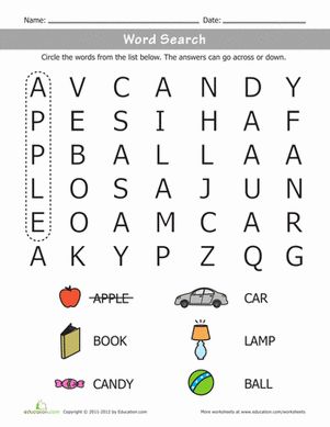 This word search may seem like mindless fun, but as your child hunts for words she's honing her spelling and observational skills! Fun Worksheets For Kindergarten, Kindergarten Word Search, Word Puzzles For Kids, Easy Word Search, Kindergarten Phonics Worksheets, Kindergarten Reading Worksheets, Free Kindergarten Worksheets, Worksheets For Kindergarten, English Worksheets For Kids