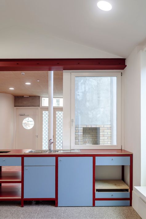 Gallery of Malinard Youth Center / Carton123 architecten - 15 Blue Ceiling Kitchen, Blue Ceiling, Ceiling Kitchen, Plywood Interior, Berlin Apartment, Youth Center, Wood Interior Design, 카페 인테리어 디자인, Home Board