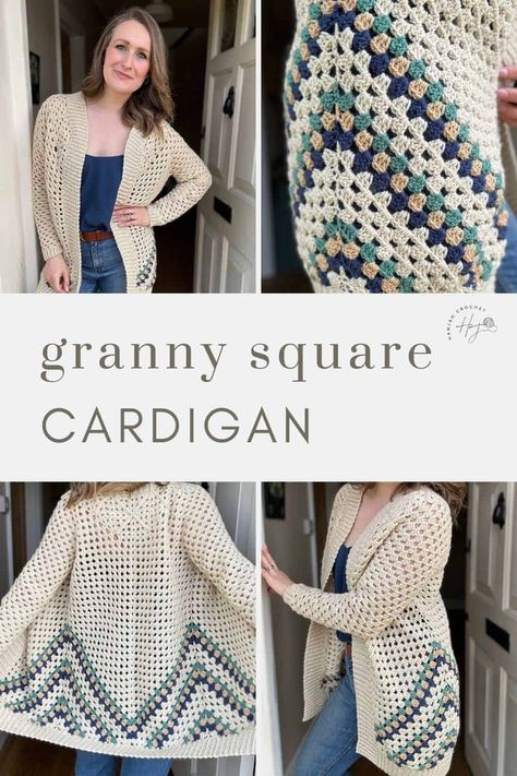 Modern Granny Square Cardigan Pattern | HanJan Crochet Easy Crochet Pullover Sweater, Easy Cardigan Crochet Pattern Free, Granny Square Sweater Pattern Free, Granny Stitch Cardigan, Crochet Sweater Ideas, Granny Square Cardigan Pattern, Crochet Vest Patterns, Chunky Yarn Patterns, Crochet Vest Outfit