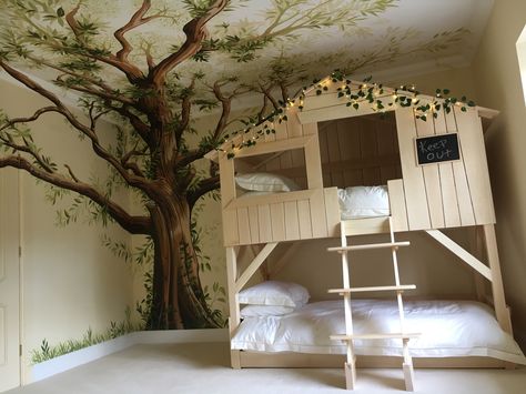 Forest Themed Mural, Woodland Themed Bunk Beds, Magical Forest Bedroom Ideas, Tree House Bedroom For Boys, Forest Wall Art Bedroom, Toddler Bedroom Forest, Playroom Forest Theme, Tree Bedroom Mural, Forest Themed Nursery Wallpaper