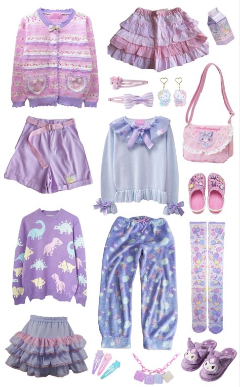 outfit, kawaii, rawr, purple, pink, blue, inspiration Decora Fashion Outfits Simple, Pastel Space Aesthetic Outfit, Pastel Harajuku Fashion, Pastel Decora Aesthetic, Yume Kawaii Outfit, Yume Kawaii Outfit Ideas, Decora Kei Outfits, Fairy Kei Outfit, Decora Fashion Outfits