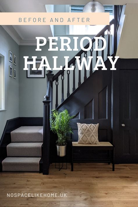 Light green walls and dark woodwork in an Edwardian house Gallery Landing Ideas, Victorian Staircase Ideas Entrance Halls, Hallway Painted Woodwork, Black Skirting Boards Hallway, Colour Drenching Hallway, Edwardian Hallway Entrance Halls, Edwardian Home Decor, Hallway Tiling, Stairs And Hallway Ideas Colour