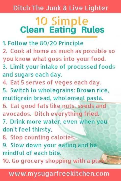 Clean eating for beginners - 10 simple Clean Eating Rules that will set you up for success to create new healthier habits. Have more motivation, energy and less cravings with these easy clean eating rules that you can to live by. #cleaneating #cleaneatingrules #mysgarfreekitchen #cleaneatingforbeginners Simple Clean Eating, Clean Eating Rules, Detox Meal Plan, Healthier Habits, Clean Baking, Clean Eating For Beginners, Clean Eating Meal Plan, Fitness Tips For Women, Easy Clean Eating