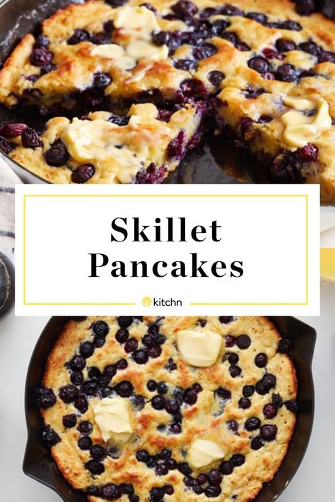 Puff Oven Pancake, Skillet Blueberry Pancake, Giant Oven Baked Pancake, Giant Pancake Recipe, Oven Baked Blueberry Pancake, Fluffy Oven Pancakes, Puffy Oven Pancake, Skillet Pancake Cast Iron, Pancake Oven Baked