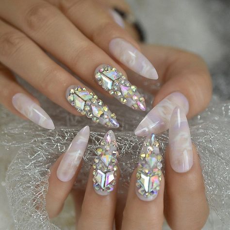 Pink Marble Rhinestone Long Stiletto Press On Nails Fake Nail Set French Stiletto, Ongles Bling Bling, Nail Type, Uv Nails, Gradient Nails, Glam Nails, Diamond Nails, Nail Length, Bling Nails