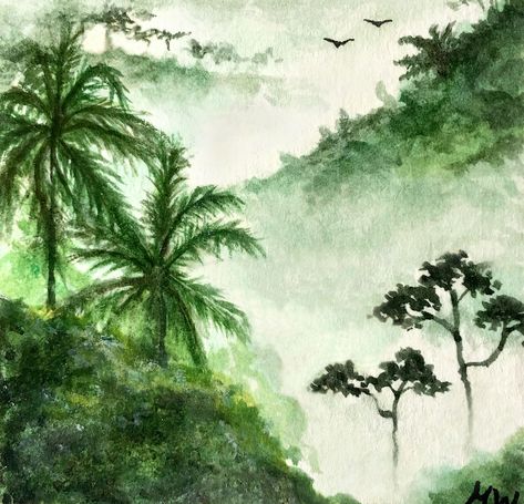 Rainforest Trees Drawing, Jungle Trees Drawing, Rainforest Background Drawing, Easy Rainforest Drawing, Tropical Watercolor Art, Green Watercolor Art, Tropical Trees Drawing, Jungle Watercolor Painting, Jungle Painting Easy