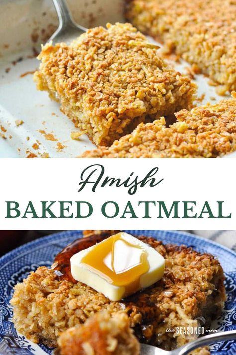 This Amish baked oatmeal recipe with sweet apples and warm cinnamon is the coziest, easiest make-ahead breakfast casserole. Crisp and caramelized on the edges, soft and fluffy on the inside, this hearty dish tastes like a warm oatmeal cookie! Top a big slice with maple syrup, brown sugar, cream, milk, butter, or fruit for a stick-to-your-ribs meal that the whole family will love. Baked Oatmeal With Apples, Ribs Meal, Oatmeal With Apples, Amish Baked Oatmeal, Oatmeal Casserole, Recipe With Apples, Baked Apple Oatmeal, Baked Oatmeal Recipe, Apples And Cinnamon