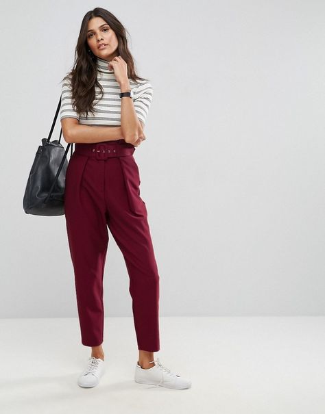 ASOS Tailored Paperbag Waist Pants with Self Belt #burgundy #casual Burgundy Trousers Outfit, Pallazo Pants Pattern, Burgundy Pants Outfit, Maroon Pants Outfit, Colored Pants Outfits, Wine Pants, Formal Pants Women, Burgundy Trousers, Maroon Pants