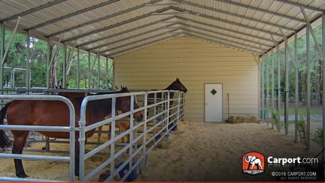 Pre Fab Homes, Aluminum Carport, Horse Shed, Barn Layout, Hunting Stands, Barn Hacks, Diy Horse Barn, Horse Barn Ideas Stables, Barn Stalls