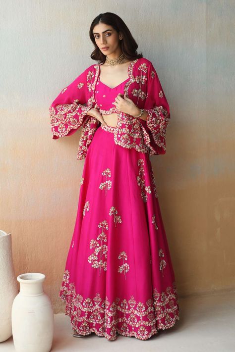 Buy Aman Takyar Pink Dupion Silk Embroidered Cape Lehenga Set Online | Aza Fashions Floral Traditional Dresses, Anarkali With Cape, Sangeet Dresses For Bride, Designer Outfits Woman Indian, Lehenga With Coat, Pink Lehenga Designs, Lahenga Ideas, Floral Thread Embroidery, Lehenga Pink