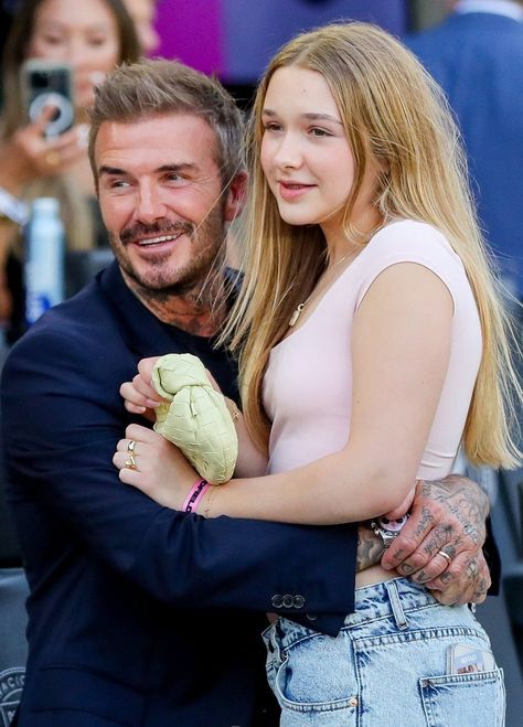 David Beckham  and daughter Harper David Beckham Daughter, Harper Beckham, Bottega Veneta Jodie, Jason Sudeikis, Selma Blair, Inter Miami, Fort Lauderdale Florida, Navy Blue Suit, Yellow Handbag