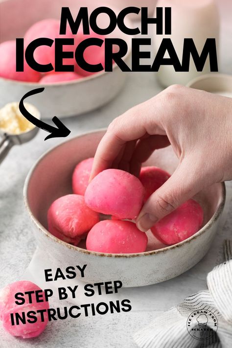 Use this easy recipe to make Mochi Ice Cream, the Japanese frozen treats with sweet, soft, and chewy rice flour coating around creamy vanilla ice cream. Frozen Mochi Recipe, Diy Mochi Ice Cream, Mochi Recipe With Tapioca Flour, Mochi Recipe Without Rice Flour, Homemade Mochi Ice Cream, How To Make Mochi Ice Cream, Mochi Recipe Ice Cream, Ice Cream Mochi Recipe, How To Make Mochi