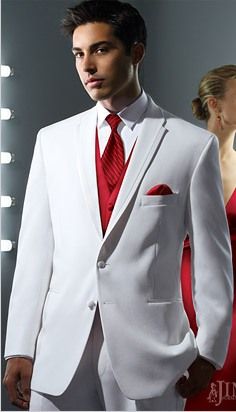 I envision my hubby to be in a White tux and red tie =) White Wedding Suits For Men, Red Tux, White Tuxedo Wedding, White Wedding Suit, Red Tuxedo, Red Quince, White Tux, Groom Tux, Wedding Tux