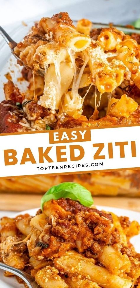 Baked pasta? Yes! Baked Ziti with meat sauce is the best, most delicious, and comforting meal for any day of the week. If your family likes pasta dishes, easy-baked ziti with ground beef will delight them. Baked Ziti With Meat Sauce, Baked Ziti With Meat, Ziti With Ground Beef, Baked Ziti With Ricotta, Ground Beef Pasta Recipes, Pasta Bake Easy, Easy Casserole Dishes, Beef Pasta Recipes, Easy Baked Ziti