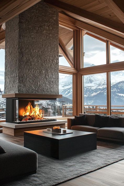 40 Coziest Mountain Homes With Stone Fireplaces Central Fireplace Living Room, Mountain Modern Interior Design, Contemporary Mountain Home Interiors, Mountain Chalet Interior, Chalet Fireplace, Two Way Fireplace, Mountain Homes Interiors, Cozy Mountain Home, Alpine Home