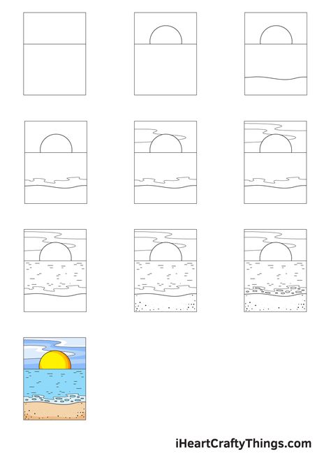 How to Draw an Ocean — Step by Step Guide Drawing Settings Ideas, Beginner Drawing Lessons Step By Step, Direct Drawing, Camp Projects, Calming Art, Drawing Steps, Ocean Drawing, Beach Drawing, How To Draw Steps