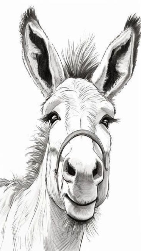 Drawings Of Donkeys, Donkey Coloring Page Free Printable, Detailed Animal Drawings, Simple Donkey Drawing, Animal Sketches Pencil, Western Drawings Simple, Donkey Sketch, Donkey Coloring Page, Easy Art For Beginners