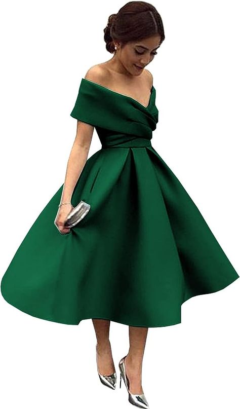 Blush Homecoming Dress, Off The Shoulder Homecoming Dress, Satin Formal Gown, Gown With Pockets, Tea Length Prom Dress, Emerald Bridesmaid Dresses, Womens Bridesmaid Dresses, Junior Party Dresses, Green Wedding Dresses