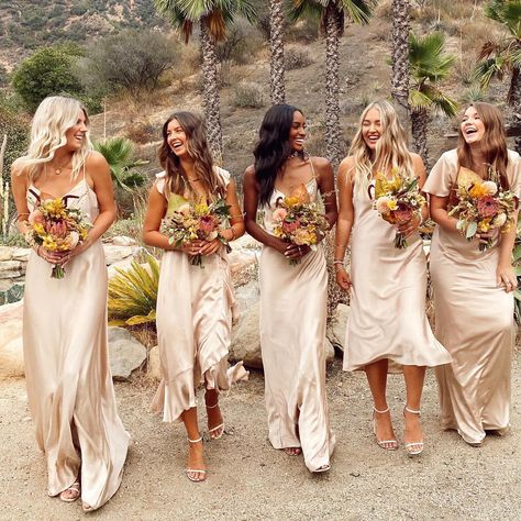 You may be the star on your big day, but don’t forget about the gorgeous ladies standing beside you. And what better way to have your closest friends shine, than by donning them the most standout color: Gold. Toss out any rulebook that says a bride's entourage must be understated, because the best way to ensure that you shine the brightest is with ... Gold Satin Bridesmaid Dresses, Gold Bridesmaids Dresses, Women Standing, Mumu Wedding, Storybook Wedding, Champagne Bridesmaid, Champagne Bridesmaid Dresses, Gold Bridesmaid Dresses, Gold Bridesmaids