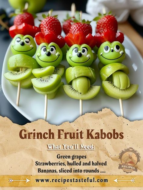 Tasteful Recipes | Grinch Fruit Kabobs | Facebook Grinch Fruit, Grinch Fruit Kabobs, Grinch Kabobs, Tasteful Recipes, Fruit Kabobs, Green Grapes, Mini Marshmallows, Marshmallows, Bananas