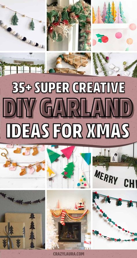 If you’re looking for creative ways to make your own holiday decorations this year, check out these DIY Christmas garland ideas and crafts for inspiration to get started! Christmas Fabric Garland Ideas, Xmas Bunting Ideas, Wall Decor Christmas Diy, Simple Christmas Tree Garland, Christmas Bunting Ideas Diy, Christmas Chain Garland, Garlands For Christmas, Easy Paper Garland Diy, Handmade Christmas Garland Ideas