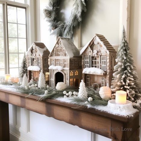 Dishfunctional Designs: Beautiful Christmas Mantle Ideas & Inspiration Gingerbread House Mantle, Gingerbread Mantle Decor, Christmas Village Mantle, Christmas Mantle Ideas, Christmas Mantles, Homemade Gingerbread House, Homemade Gingerbread, Mantle Ideas, Gingerbread House Designs