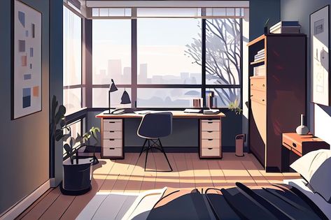 Anime home office with a large window ge... | Premium Photo #Freepik #photo #office-interior #modern-office #office-design #room-window Anime Window, Office Anime, Anime Interior, Anime Office, Mediterranean Furniture, Amazing Home Office, Southwestern Furniture, Tuscan Furniture, Dome City