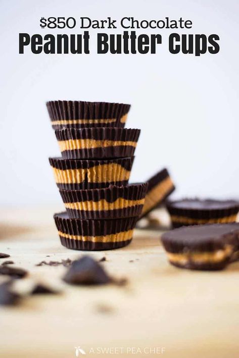 3-Ingredient Dark Chocolate Peanut Butter Cups | Interested in how to make homemade peanut butter cups?  This easy Dark Chocolate Peanut Butter Cup recipe only requires 3 ingredients and about less than an hour plus it's paleo, clean eating, vegan, refined sugar-free, and gluten-free! | A Sweet Pea Chef #chocolatepeanutbuttercups #peanutbuttercups Peanut Butter Desserts Healthy, Vegan Peanut Butter Cups, Pizza Sugar Cookie, Peanut Butter Cup Brownies, Peanut Butter Cup Cheesecake, Healthy Peanut Butter Cups, Peanut Butter Cups Recipe, Dark Chocolate Peanut Butter, Homemade Peanut Butter Cups