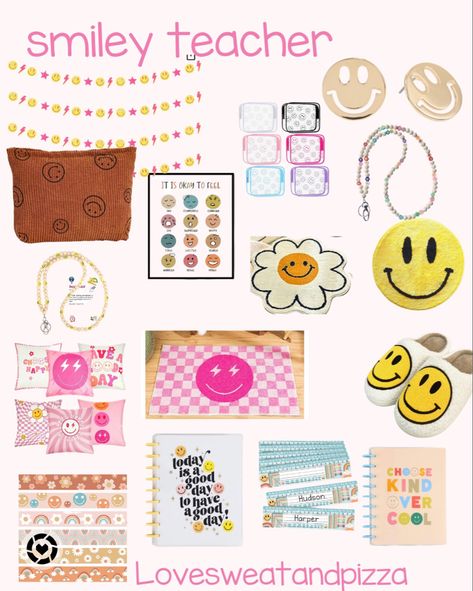 Smiley Pillows, Smiley Classroom, Smiley Accessories, Smiley Face Classroom, Rug Preppy, Organized Teachers, Classroom Makeover, Pastel Theme, Classroom Board