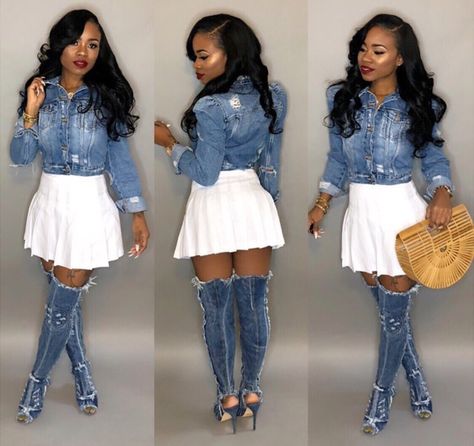 Denim Pearls Outfits, White And Denim Party Outfit, Denim And Pearls Party Ideas Outfit, Outfits With Denim Heels, Denim Looks For Black Women, Diamond And Denim Outfit, Denim Party Outfit For Women, Denim And White Outfits Party, Denim And Diamonds Outfit Ideas