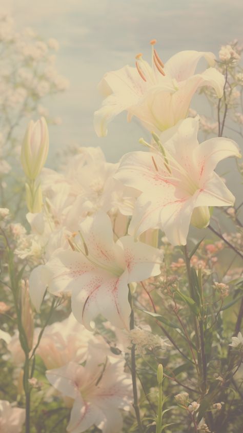 Let your iPhone and Android bloom with this soft display of lilies. Bask in the gentle warmth and subtle elegance they bring to every swipe and tap 🌞📲. Lilycore Wallpaper, Angel Iphone Wallpaper Aesthetic, Lilly Wallpaper Flower, White Spider Lily Aesthetic, Lilies Aesthetic Wallpaper, Lillies Wallpapers, Pink Lilies Aesthetic, Pastel Asthetics Wallpaper, Light Flower Wallpaper