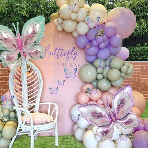 Butterfly Balloon Arch, Butterfly Baby Shower Decorations, Butterfly Balloon, Butterfly 1st Birthday, Butterfly Birthday Theme, Lavender Baby Showers, Butterfly Party Decorations, Butterfly Baby Shower Theme, Fairy Baby Showers