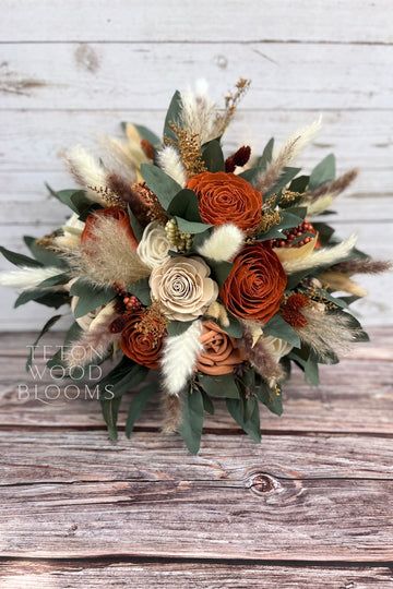 Rust, Terra Cotta, and Pampas Bouquet – Teton Wood Blooms Terra Cotta Wedding, Pampas Bouquet, Wood Roses, Fall Wedding Color Schemes, Rusting Wedding, Fall Barn Wedding, Green Centerpieces, Wood Flower Bouquet, Bridal Bouquet Fall