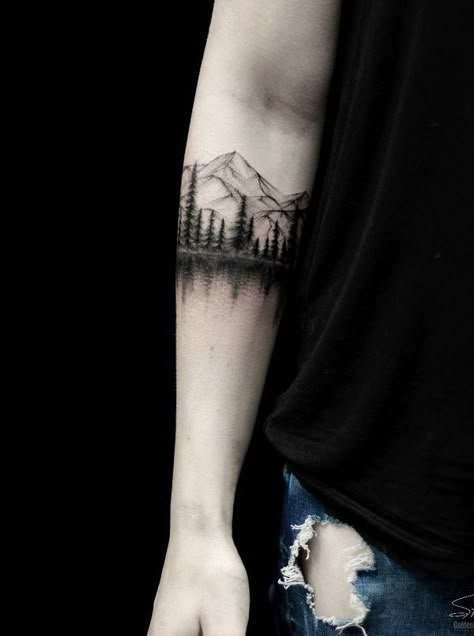 Not only large and bright cities are unforgettable, much more memorable memories provide nature, mountains or the sea. Landscape Tattoo Ideas, Forest Tattoo, Tatuagem Masculina Pequena, Landscape Tattoo, Forest Tattoos, Cat Tattoos, Rosen Tattoo, Disney Tattoo, Arm Band Tattoo