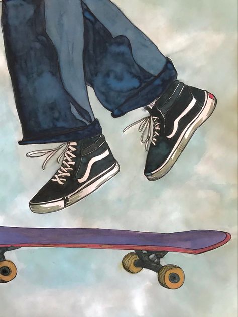 #art #watercolor #paint #painting #project #handpainted #vans #skate #skateboard #skating #shoes #Skateboarding Van Drawing, Skater Art, Skateboard Boy, Painted Skateboard, Skate Boy, Skating Shoes, Perspective Sketch, Fashion Drawing Sketches, Vans Skate