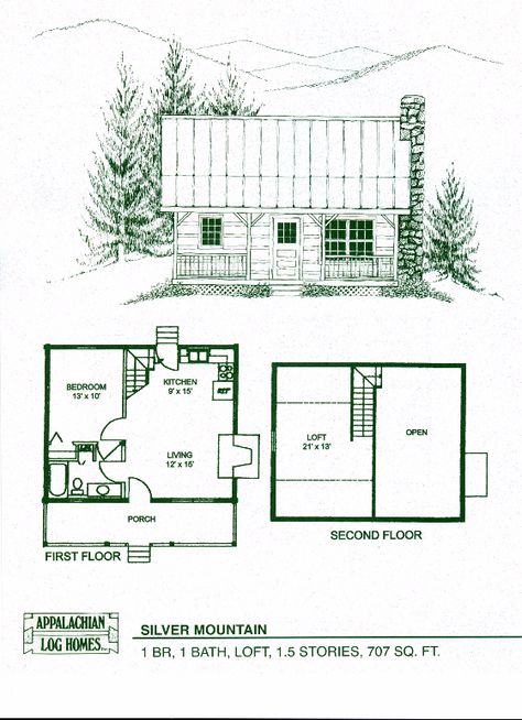 Silver Mountain - 1 Bed, 1 Bath, 1.5 Stories, 707 sq. ft., Appalachian Log & Timber Homes, Hybrid Home Floor Plan Simple Home Floor Plans, Small Cabin Floor Plans With Loft, Tiny Home With Loft, Cabin Floor Plans With Loft, Small Cabin With Loft, Tiny Home Cabin, Small Cabin Floor Plans, Log Cabin Flooring, Loft Floor Plans